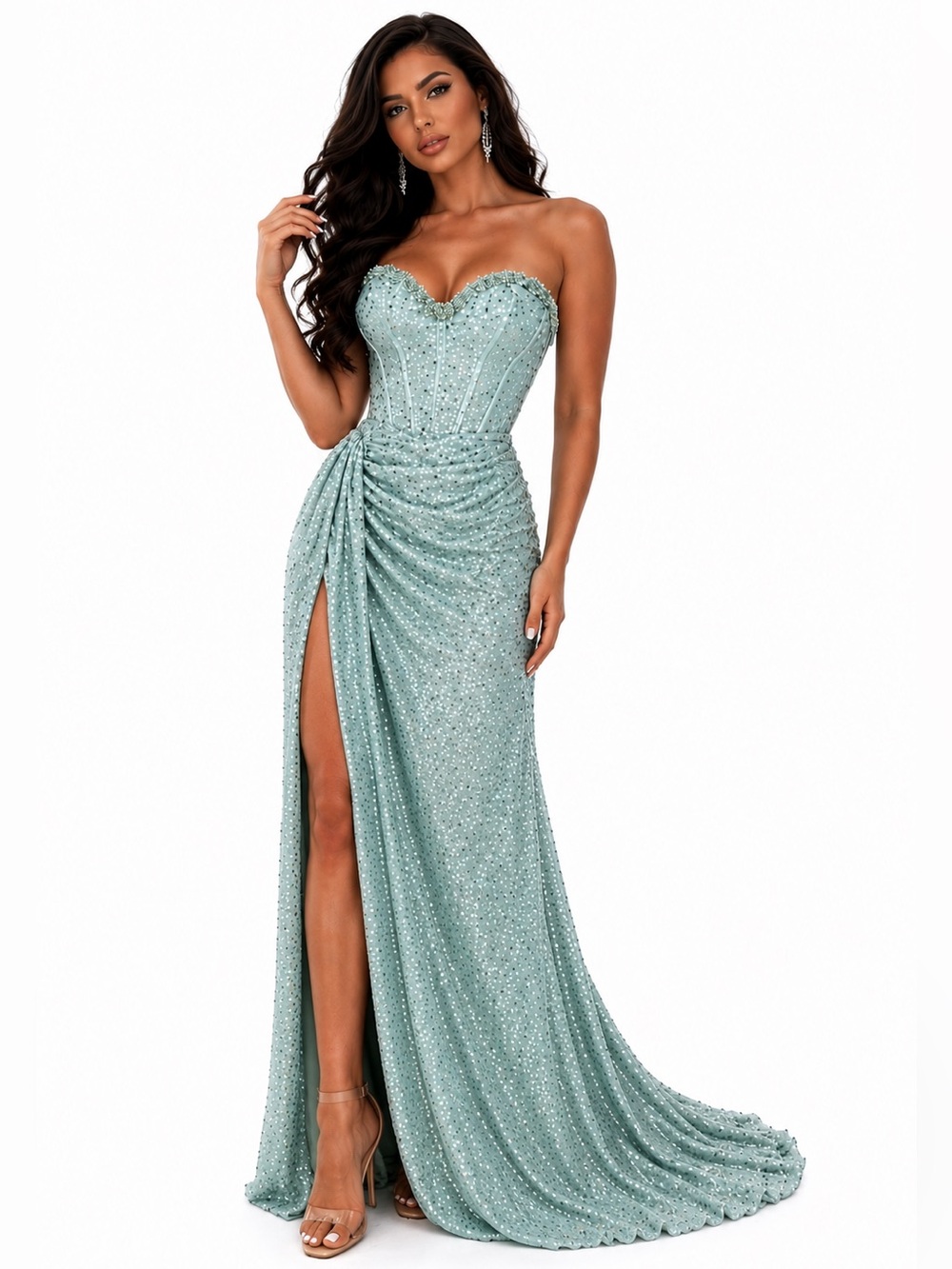 Mint Sequin Corset Gown ✨ Strapless Lace-Up Formal Dress High Slit